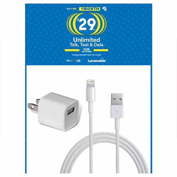 Lycamobile $29 X 1month Plan with Original iPhone USB Cable with Power Adapter 2 A2ZBucket